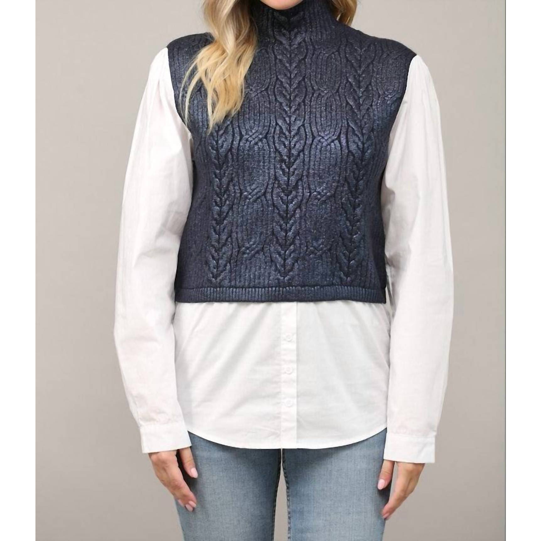New Fate Foil Cable Knit Twofer Sweater In Navy/White